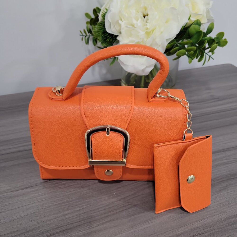 Trendy Orange Handbag Retro Style Buckle Purse w/ Detachable Mini Coin Wallet - Picture 5 of 9